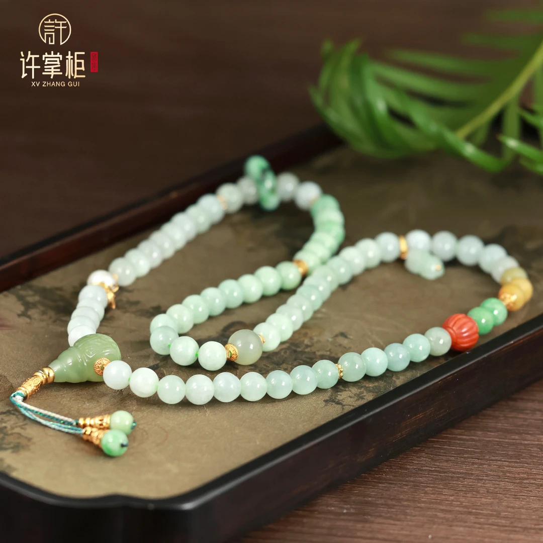 许掌柜｜S925银翡翠手串天然翡翠A货圆珠DIY葫芦配饰长度约56CM