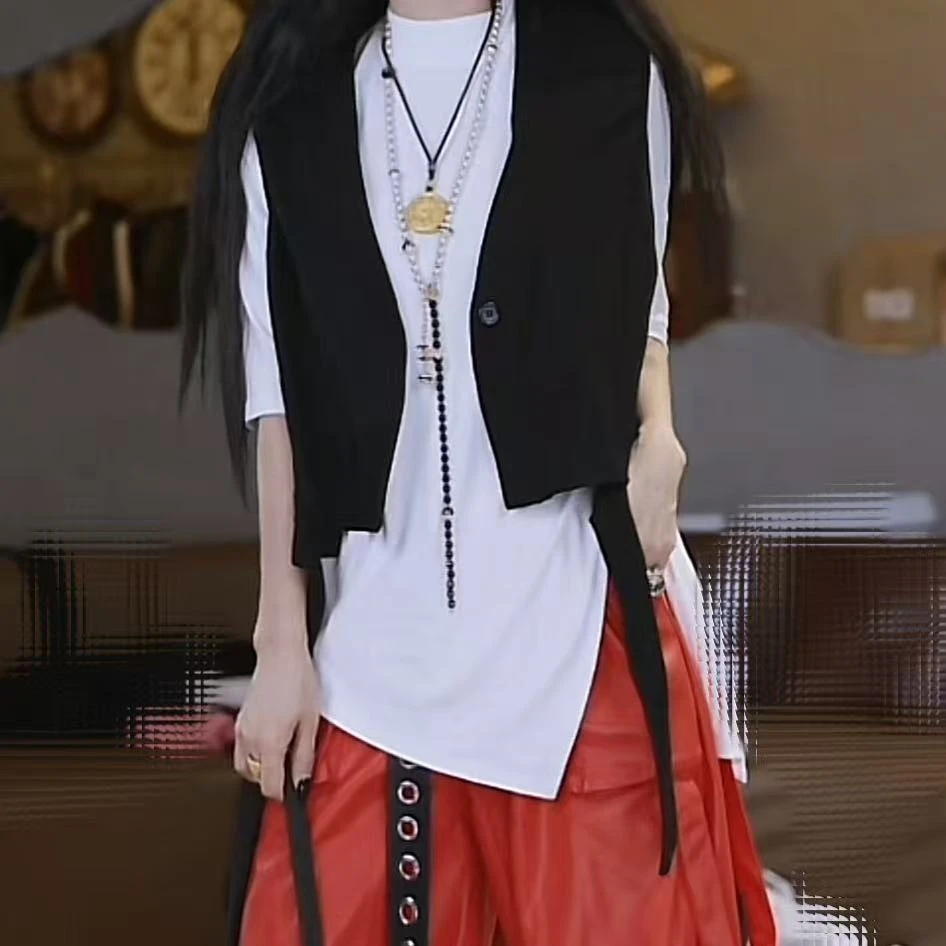 两根飘带卫衣料短款宽松马甲