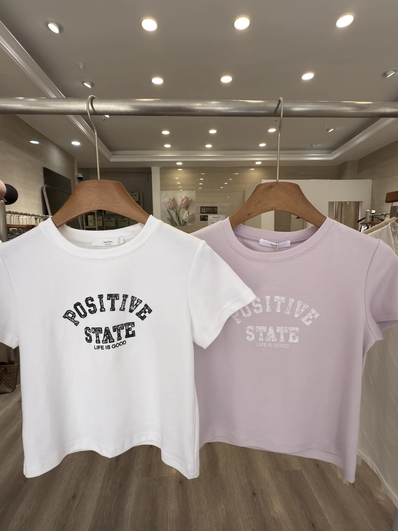 夏季T恤白粉两色印花短袖圆领上衣透气