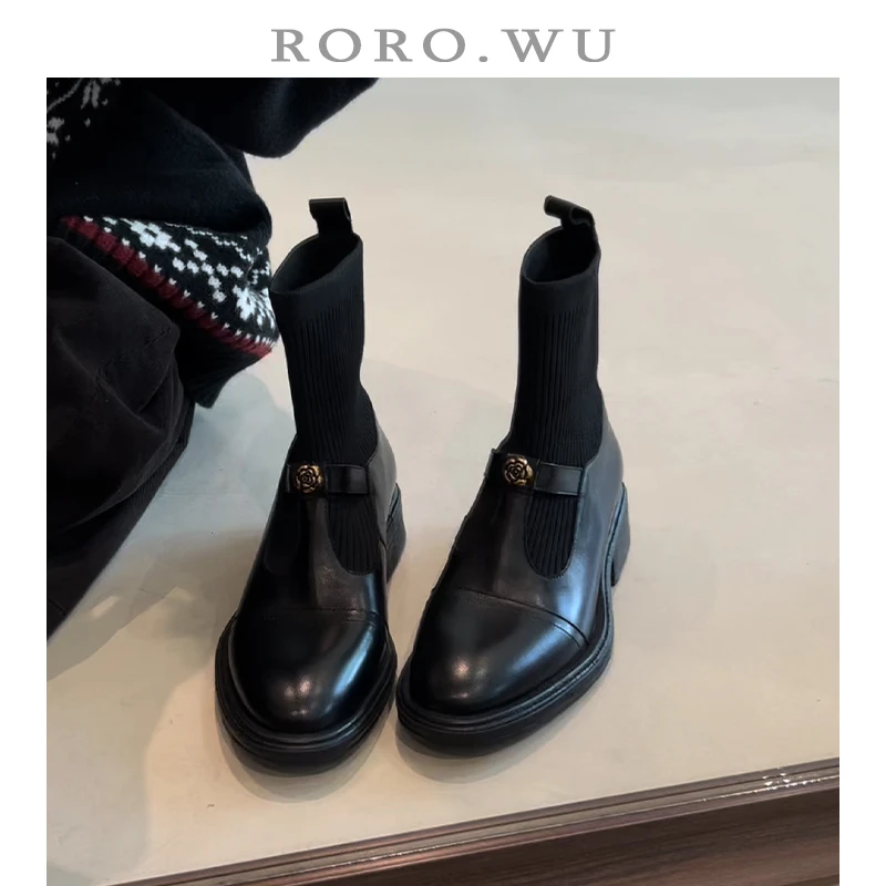娆娆吴·水洗头层牛皮法式复古山茶花针织秋冬新款短筒弹力靴女Z54
