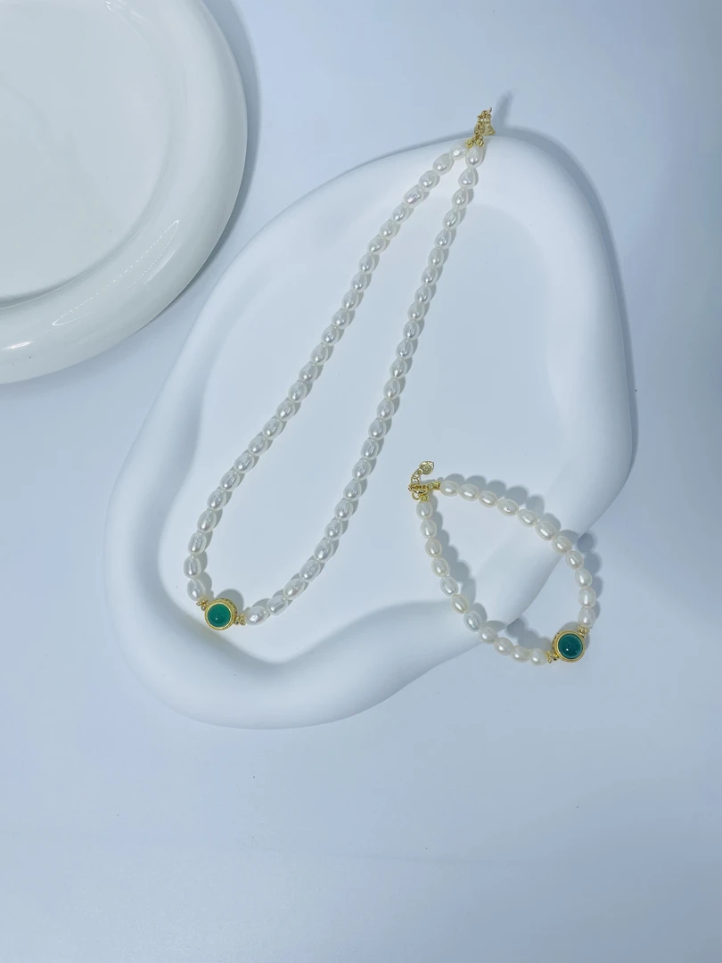 【慢姐甄选】天然淡水无核祖母绿强光气质美人泪珍珠项链套装