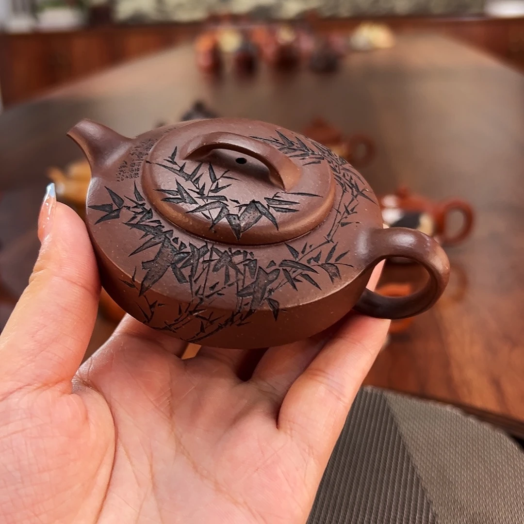 茶壶紫砂竹影扁石