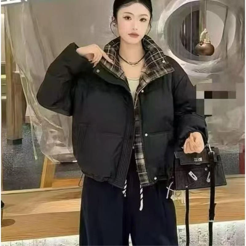 829#立领格子拼接款棉衣外套女潮流保暖时尚简约百搭秋冬新款