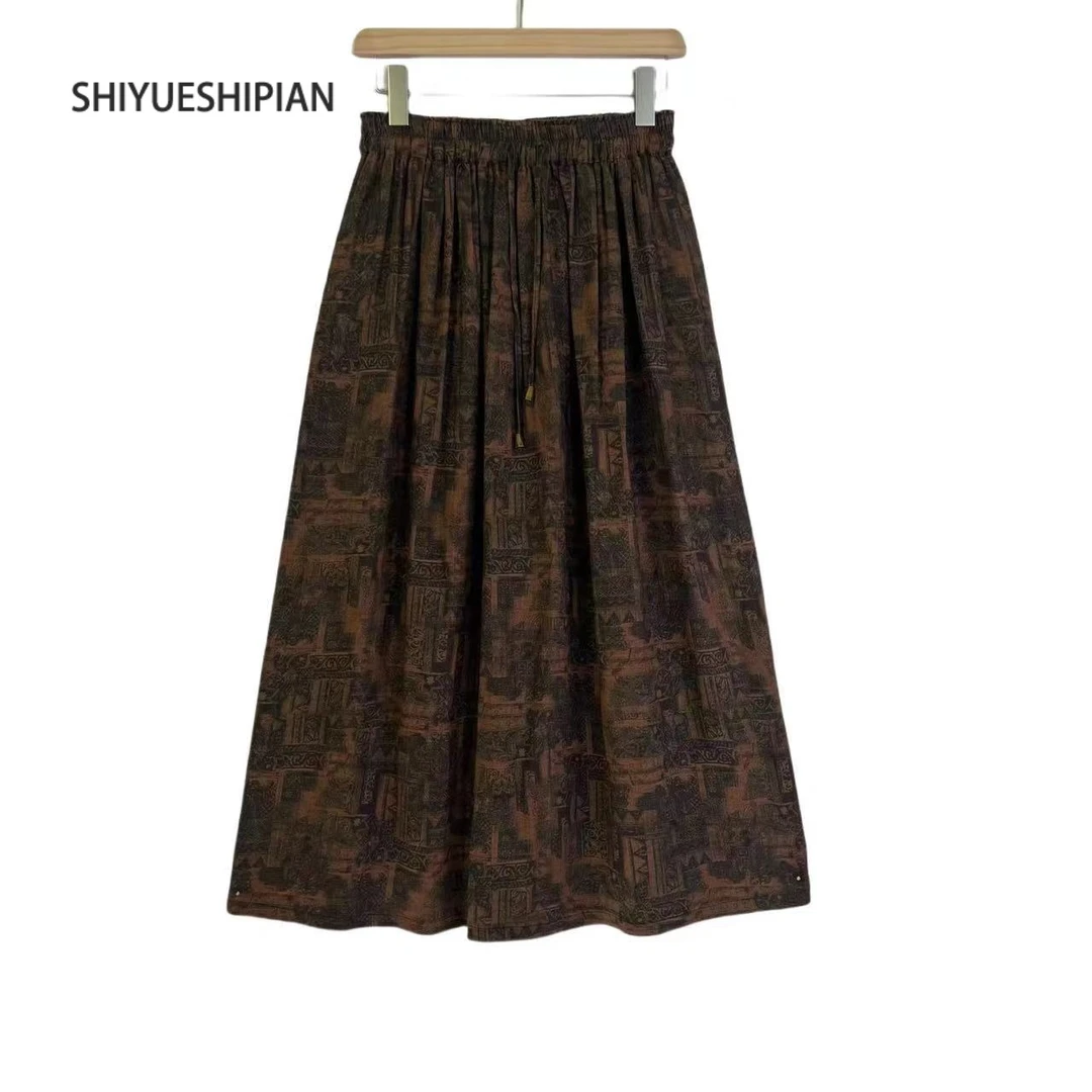 SHIYUESHIPIAN/十月诗篇国风印花亚麻半身裙中长款A字裙43 37 31