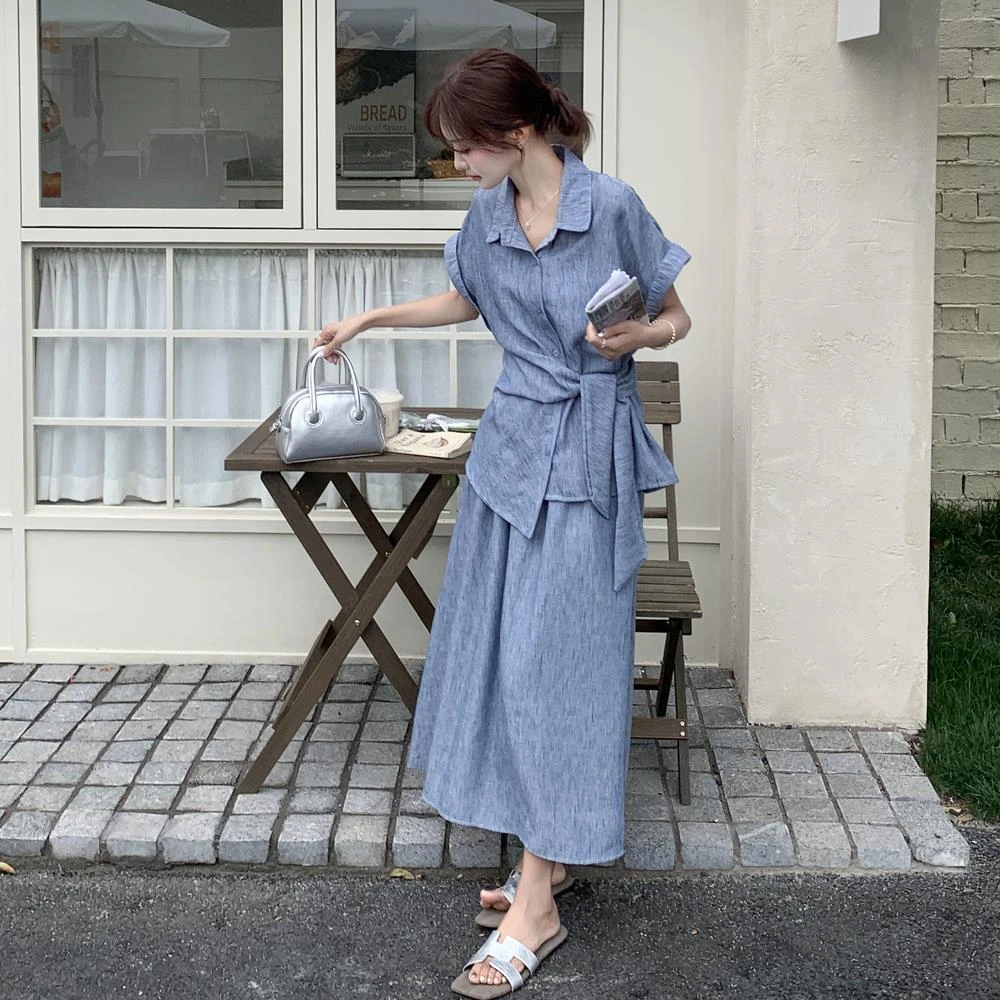 通勤气质不对称侧边绑带设计衬衫半裙套装2025夏女韩范穿搭两件套