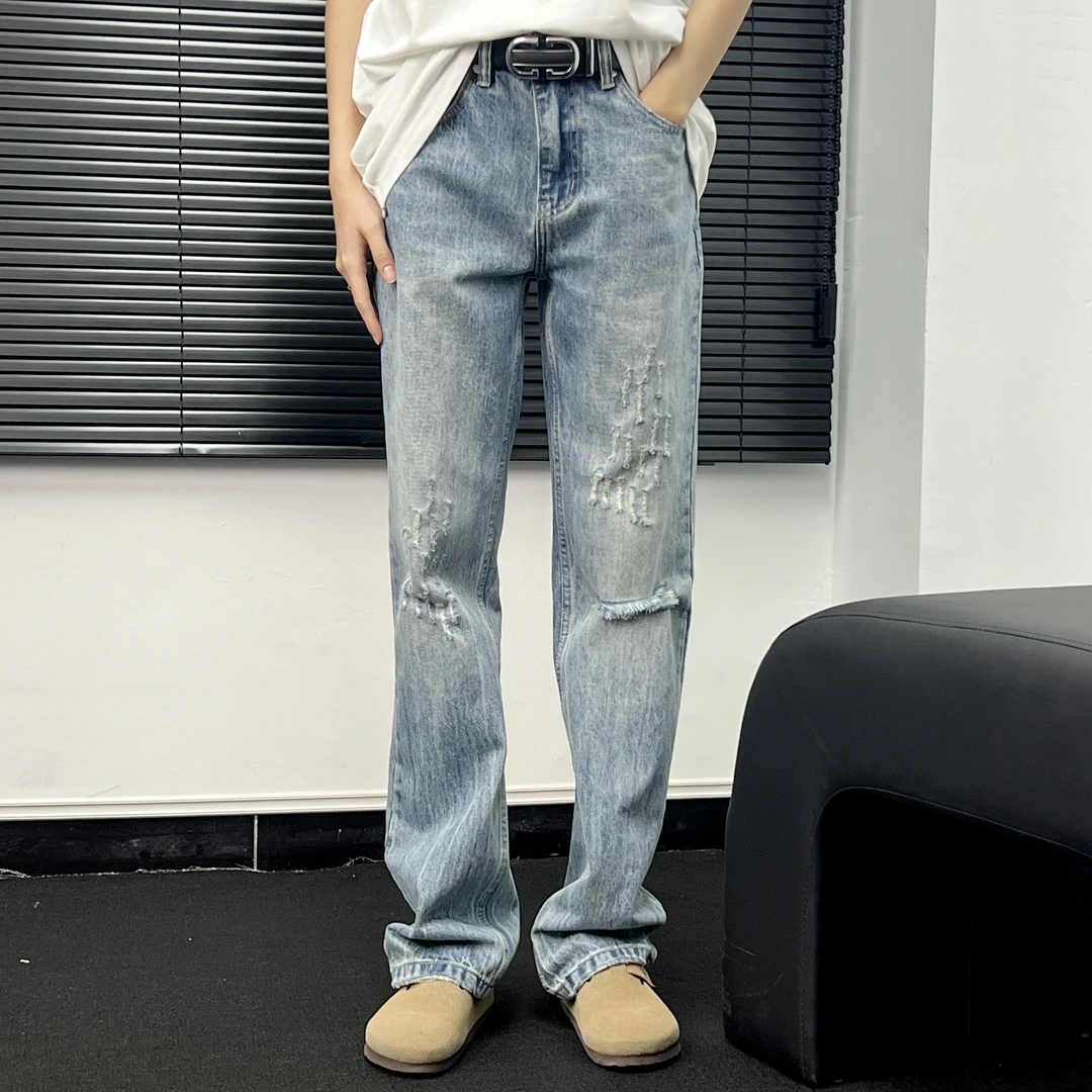 3388美式复古刮花设计休闲宽松直筒牛仔裤百搭潮流洗水做旧个性