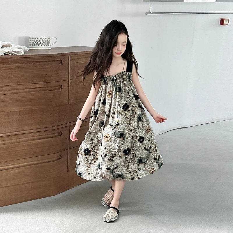 女童吊带连衣裙夏季2025新款女孩大童独特漂亮裙子儿童度假沙滩裙