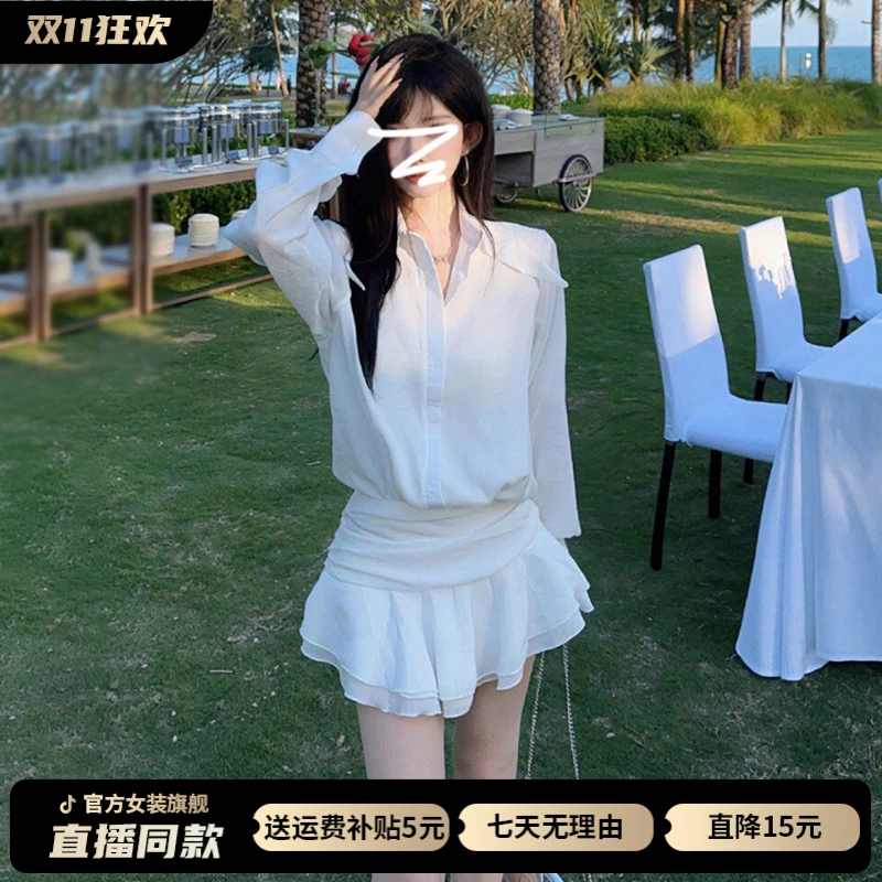 白色假两件长袖衬衫连衣裙子女装夏季2025新款小个子法式气质短裙