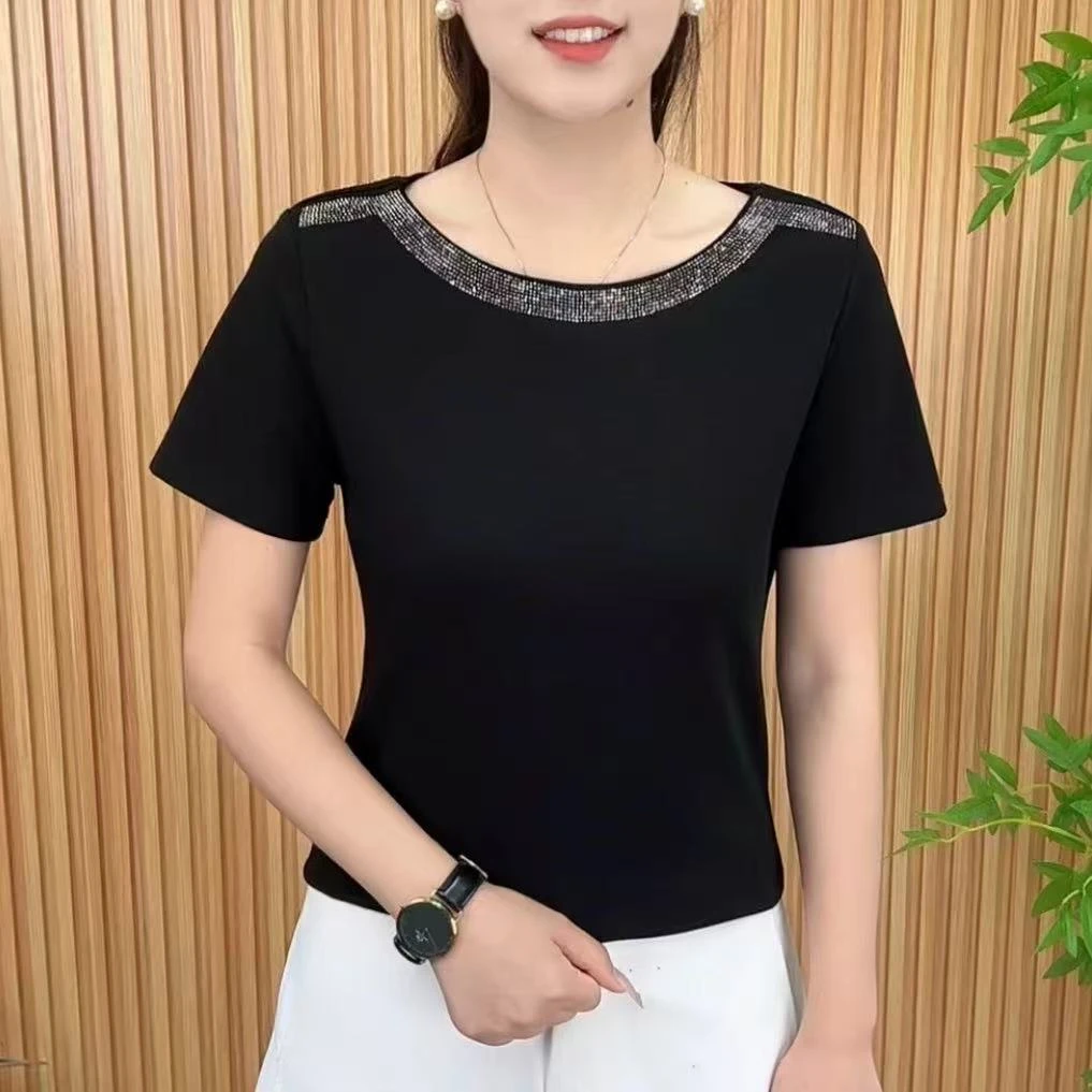 重工圆领短袖时尚T恤夏季洋气新款显瘦修身百搭女装