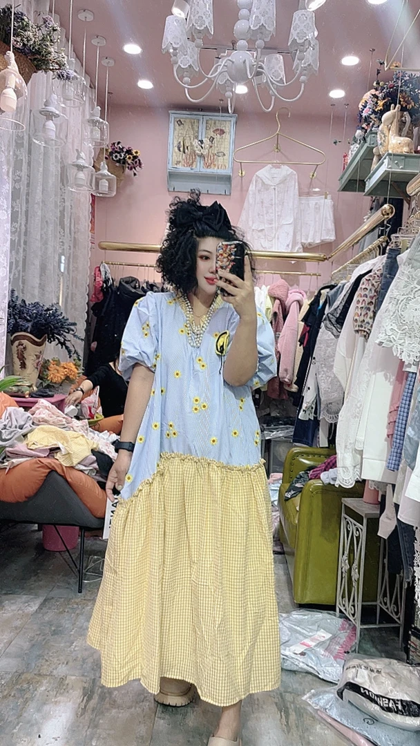 A字裙夏季日式慵懒风长裙连衣裙夏款黄色拼接蓝色