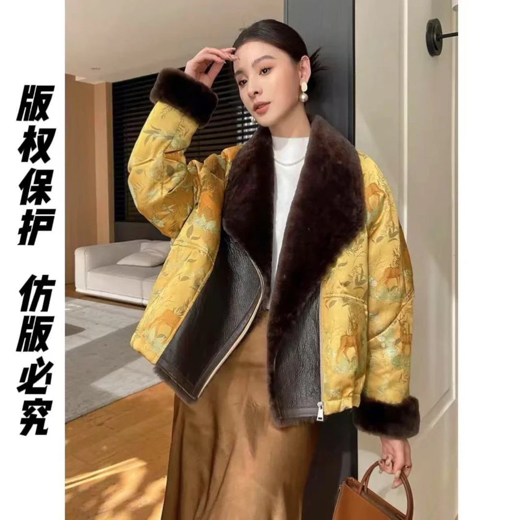 【天外来物】桑蚕丝白鹅绒拼接羊皮毛一体轻奢羽绒服外套冬季 韩版