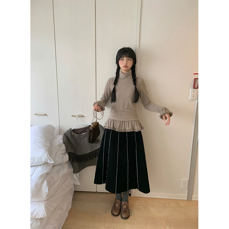 霍里德地图 "暮色旅人"日系秋冬全棉复古灯芯绒拼接撞色a字半身裙