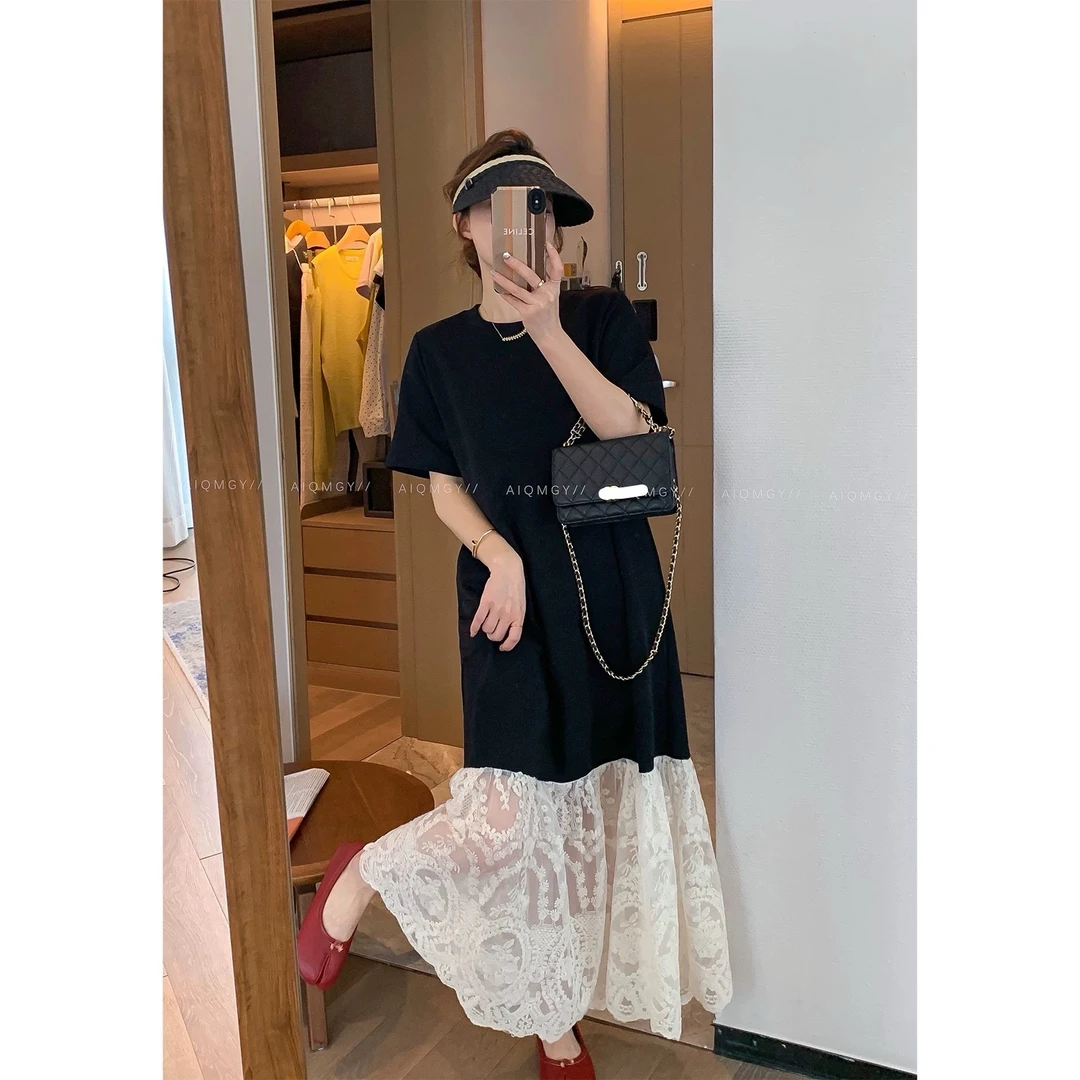 蕾丝领带拼接下摆连衣裙女圆领显瘦洋气长裙子