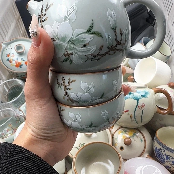 优一堂（豆青）玉兰龙蛋壶一壶二杯带铜钱