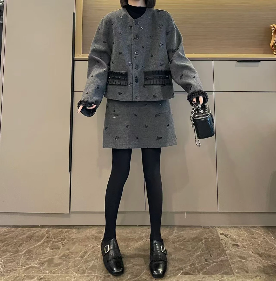 米可/MK-2954LJ【呢子亮片刺绣外套+半裙套装】时尚秋季新款套装