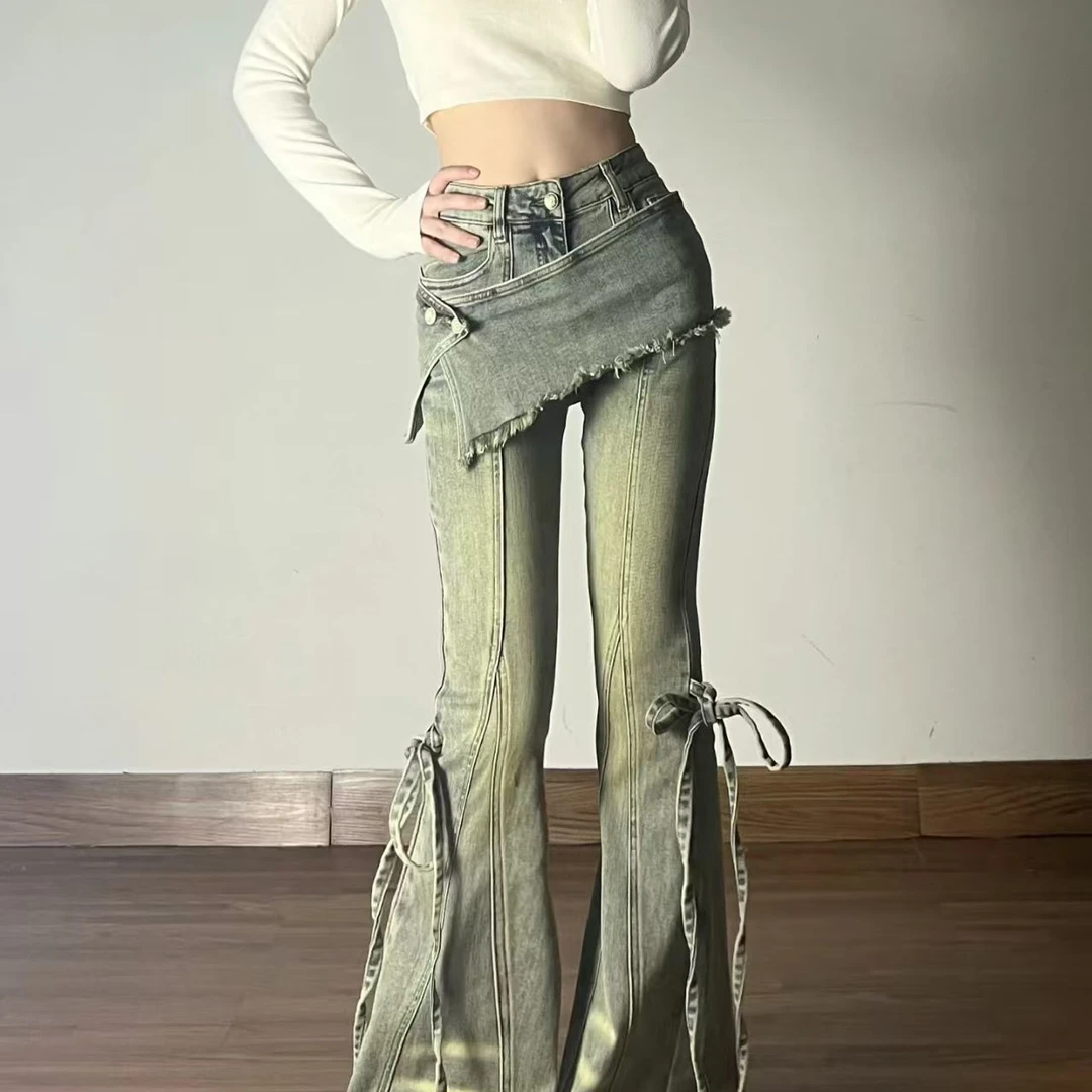 叠穿派对-原创复古做旧水洗牛仔裤女早秋季高腰系带马蹄微喇裤