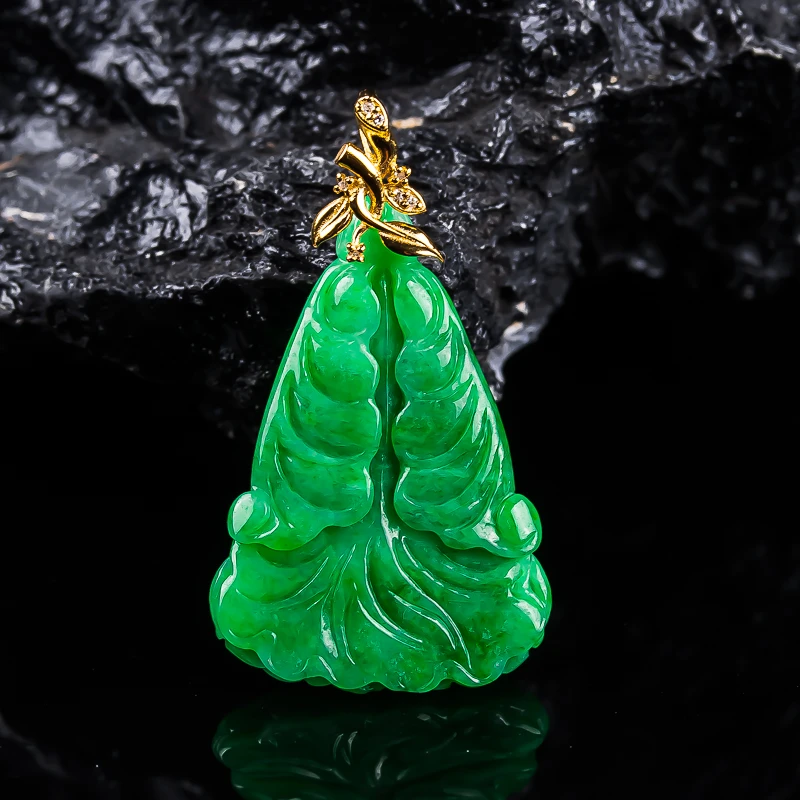 缅甸翡翠吊坠满绿白菜挂件18k金扣头镶嵌天然A货佰财女款绿色