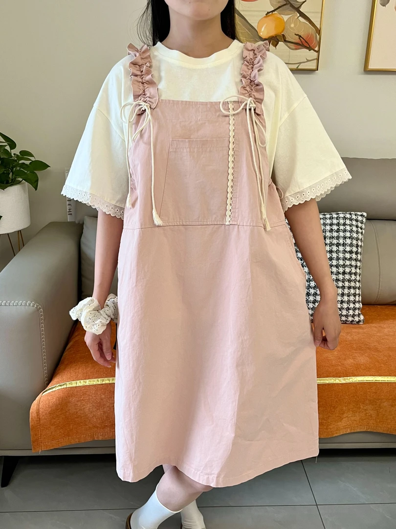 2025夏季新款减龄抽绳背带裙套装小个子蕾丝花边短袖连衣裙两件套