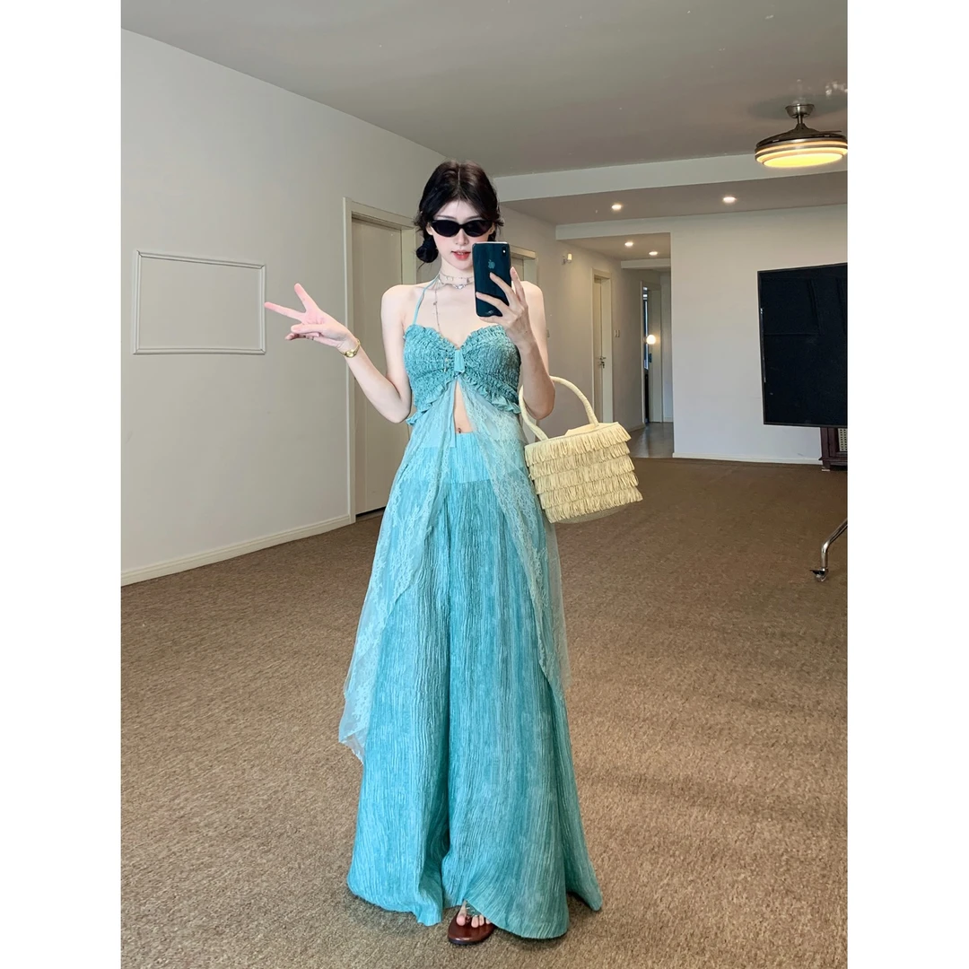 度假套装假两件蕾丝吊带背心女夏季高腰显瘦半身裙两件套