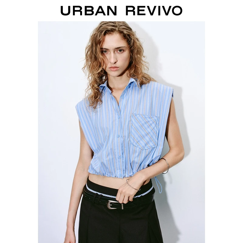 UR2025夏季新款女装撞色条纹口袋短袖开襟衬衫UYV250033