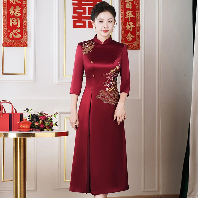 22D100礼服婚宴装妈妈喜婆婆连衣裙春秋醋酸婚礼旗袍年轻高端新款