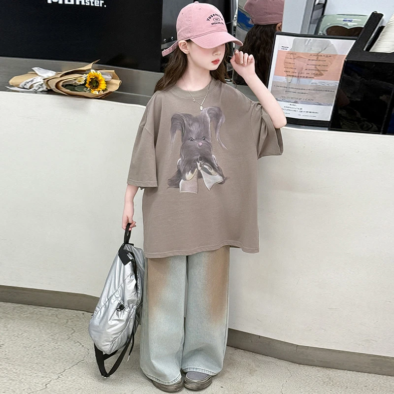 女童夏季时髦套装6-16岁女孩宽松短袖儿童休闲韩版牛仔长裤阔腿胖