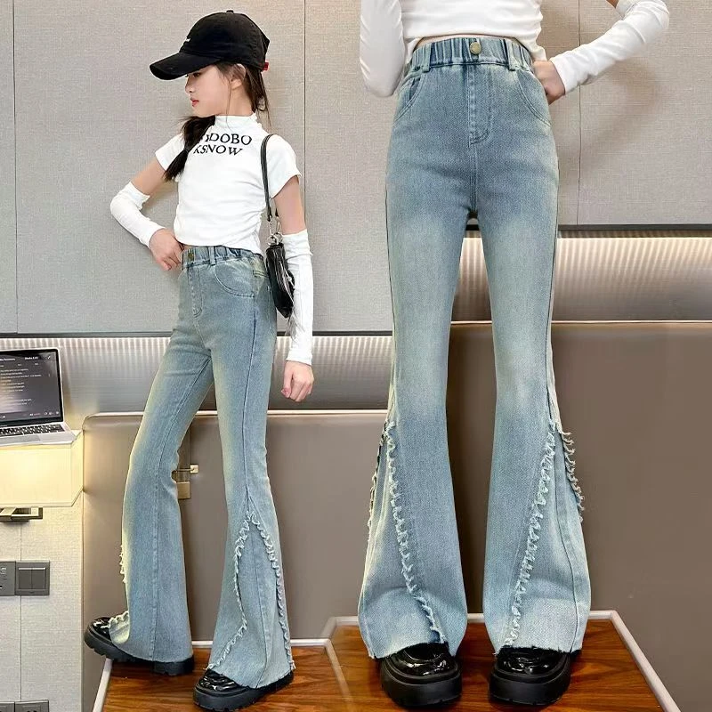 女童牛仔裤春秋款修身弹力喇叭裤女中大童洋气微喇裤初中生儿童裤