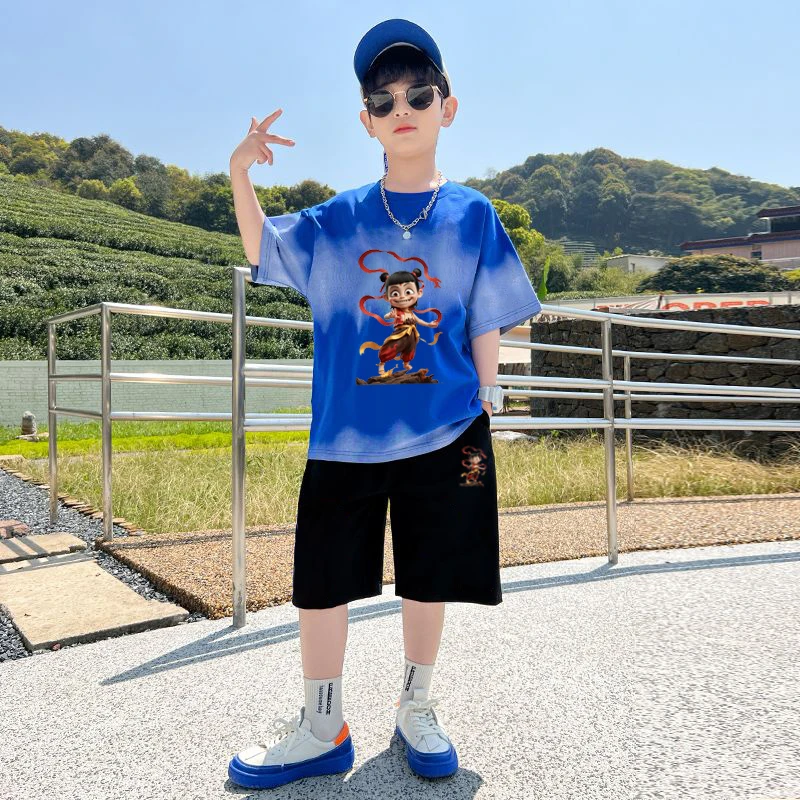2025潮流夏季新款闹海短袖短裤套装魔童哪吒中大童男童儿童两件套