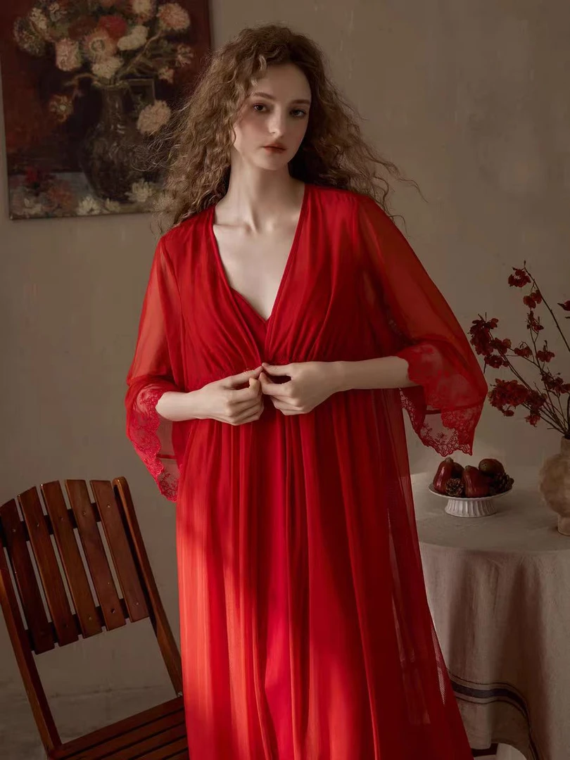 觉夏优选—女士网纱晨袍睡袍新娘睡衣两件套宫廷公主风吊带外披