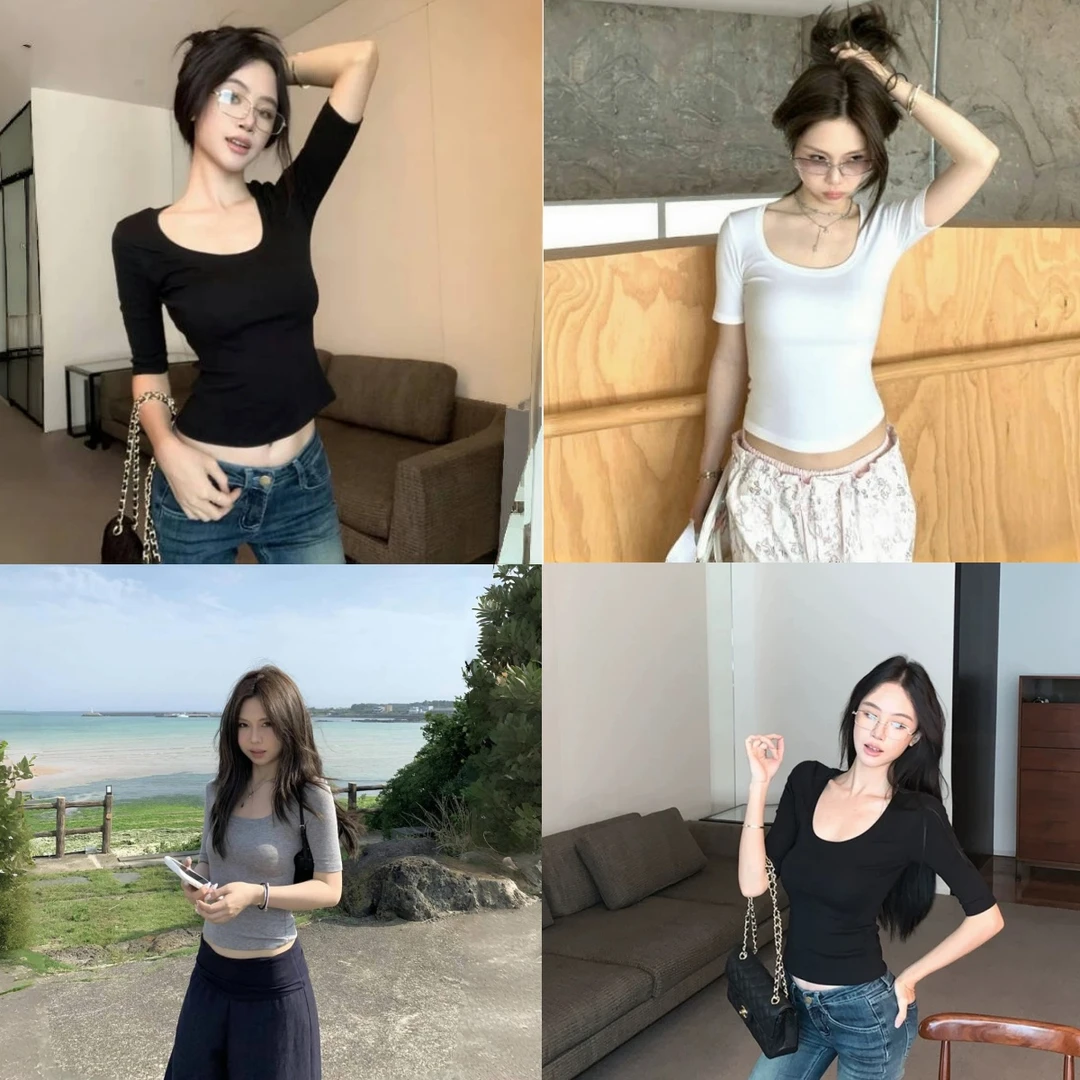 XIAO SISTERS/A165早秋上新U领打底衫t恤薄款显瘦修身中袖上衣
