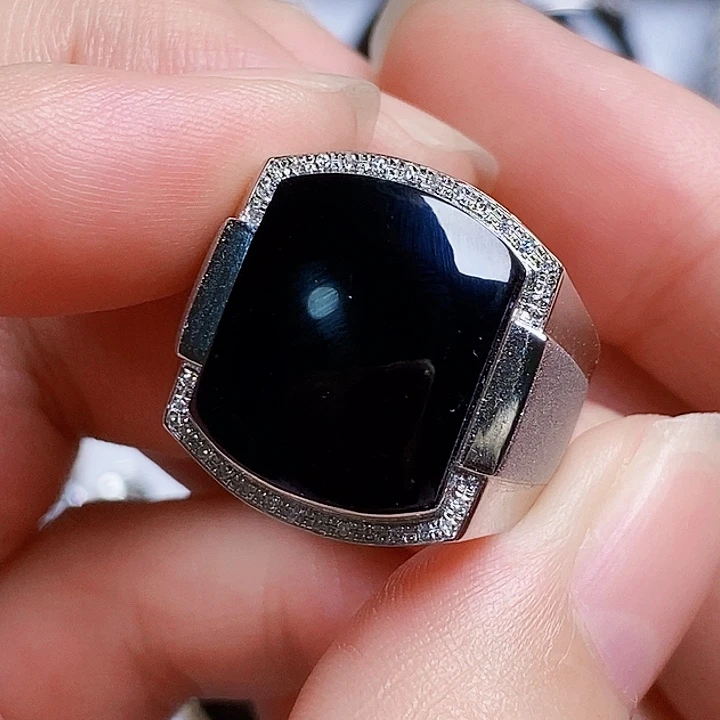 翡翠戒指18K金镶嵌逍*缅甸天然A货墨翠