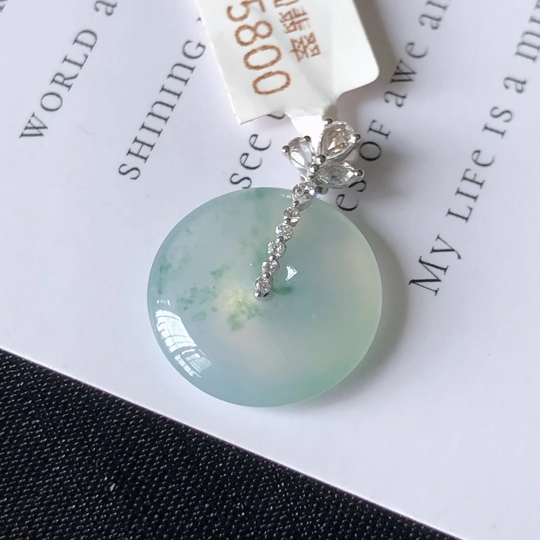 缅甸天然A货翡翠18k金镶嵌老坑冰种飘花平安扣吊坠尺寸23.5/17.5