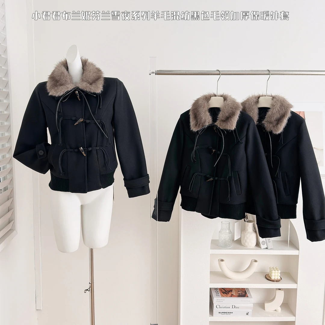 时尚黑色加绒加厚保暖毛领外套短款百搭韩版秋冬拼接冬季小香风