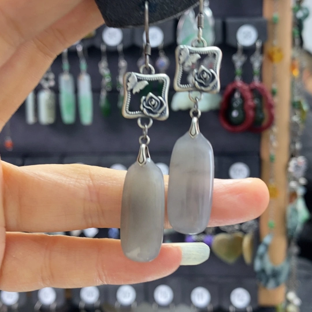 和田玉银S925镶嵌耳饰