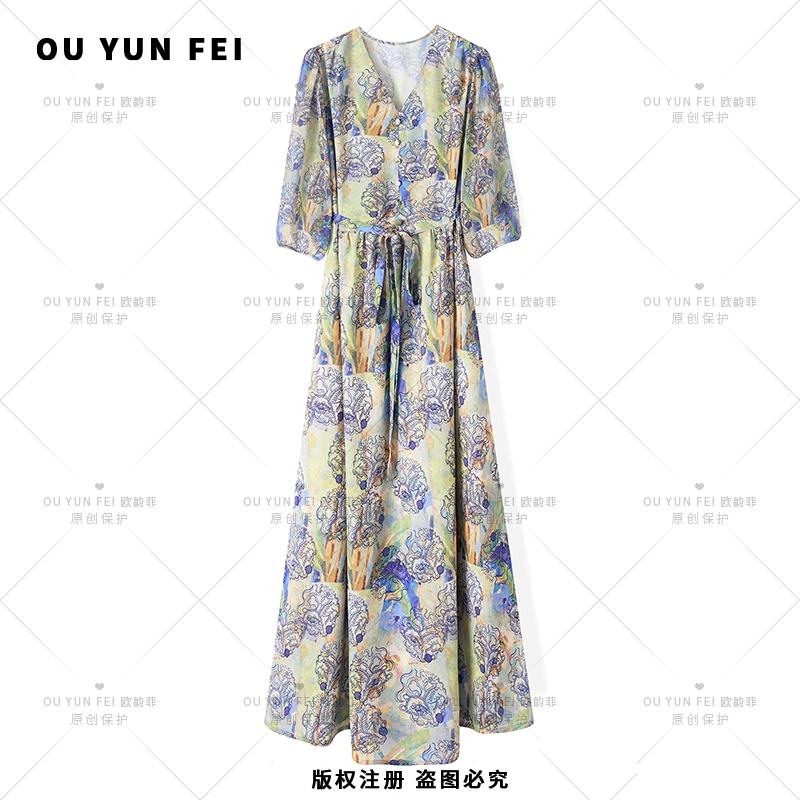 女装连衣裙气质轻奢时尚夏季保护印花设计师碎花女神女士F1260