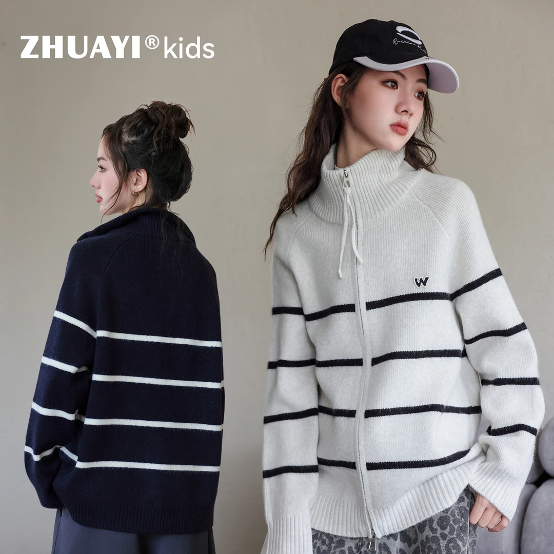 2025秋冬拉链条纹毛衣长袖宽松保暖半高领女童开衫（25405303）4