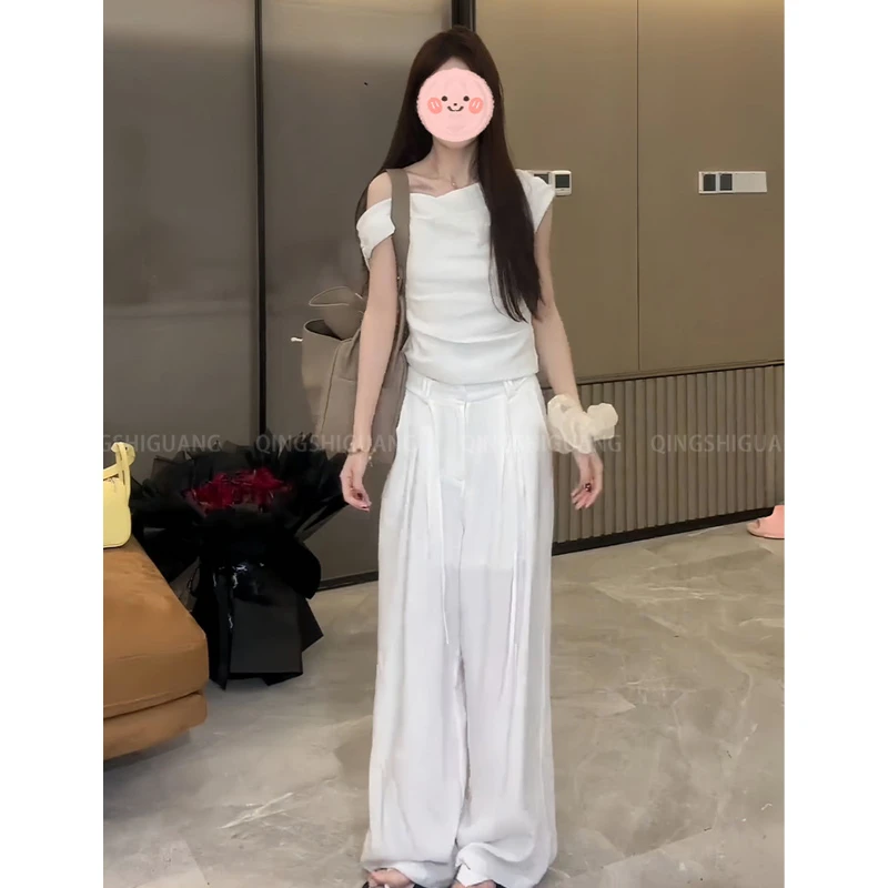 韩系气质斜肩短袖T恤高腰显瘦阔腿裤两件套女夏季度假风时尚套装