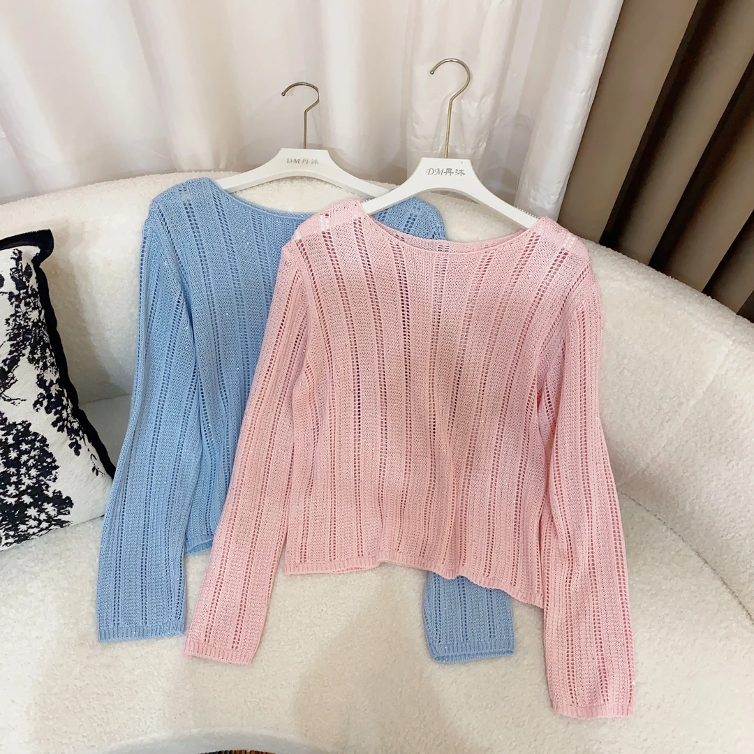 新款春夏镂空钩花针织衫春天色系设计感手工亮片洋气显瘦罩衫