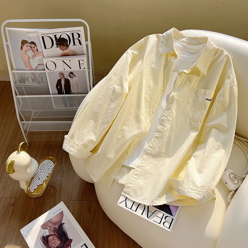 奶油杏显白前后小刺绣字母休闲长袖衬衫女秋冬2025新款中长款衬衣