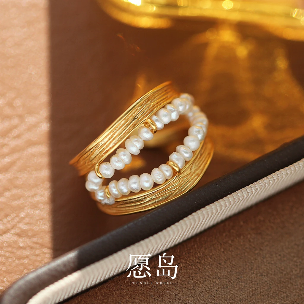 愿岛 黄铜戒指 法式复古个性不规则小米珠串珠金属开口戒指JZ2031