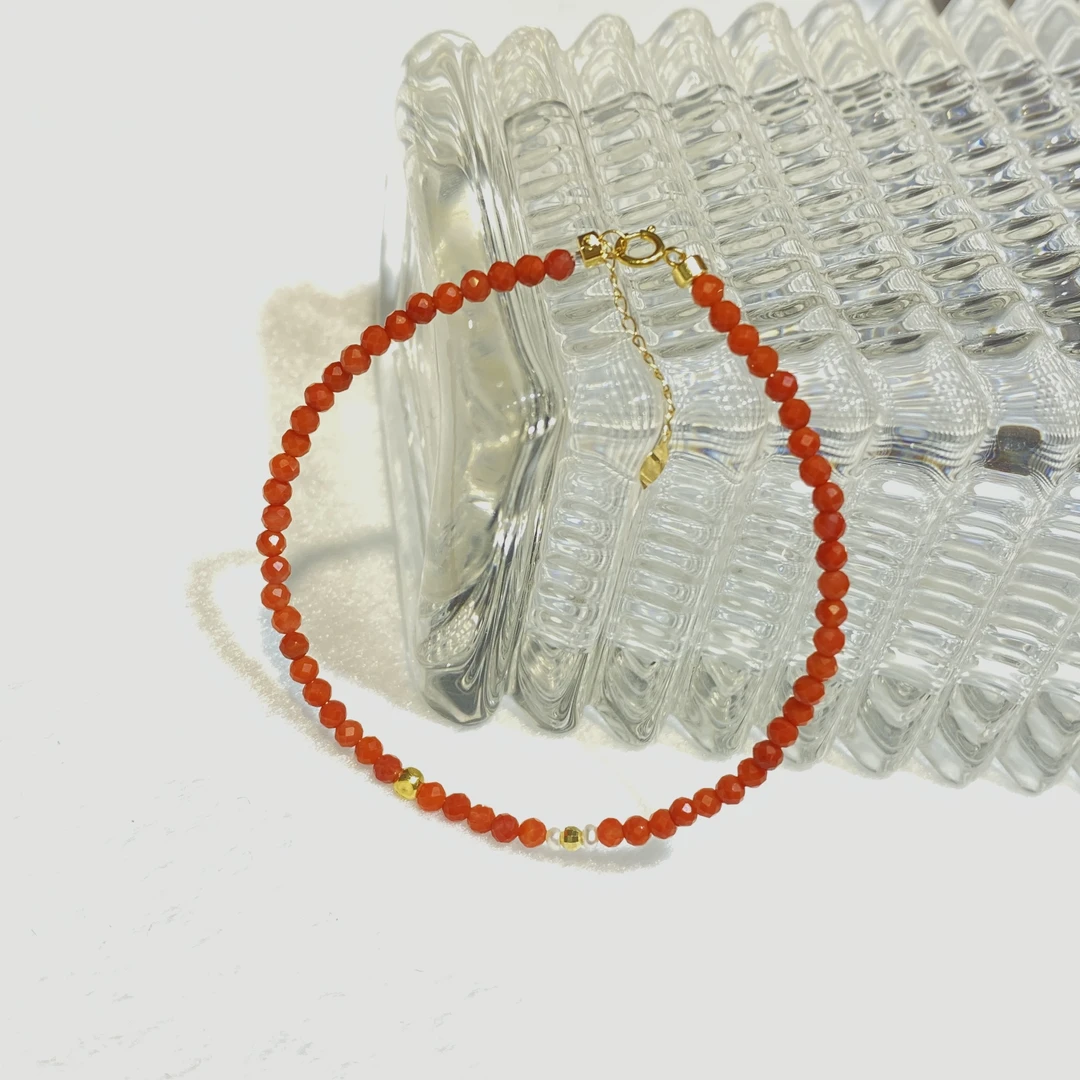 ECI南红手链18k金红玛瑙手串女款手工简约单圈小众珠宝满分礼物