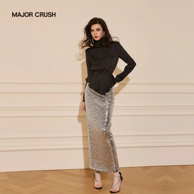 MAJOR CRUSH新款黑色高领上衣钻石星河珠片半身裙47429