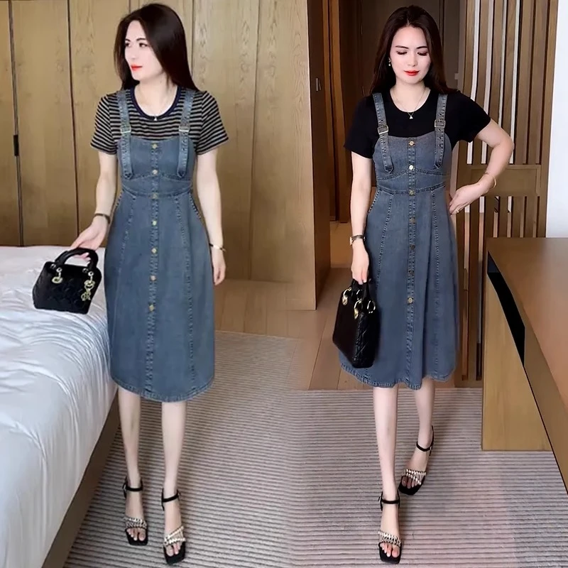 假两件拼接牛仔背带裙女2025夏季新款洋气质收腰显瘦中长款连衣裙