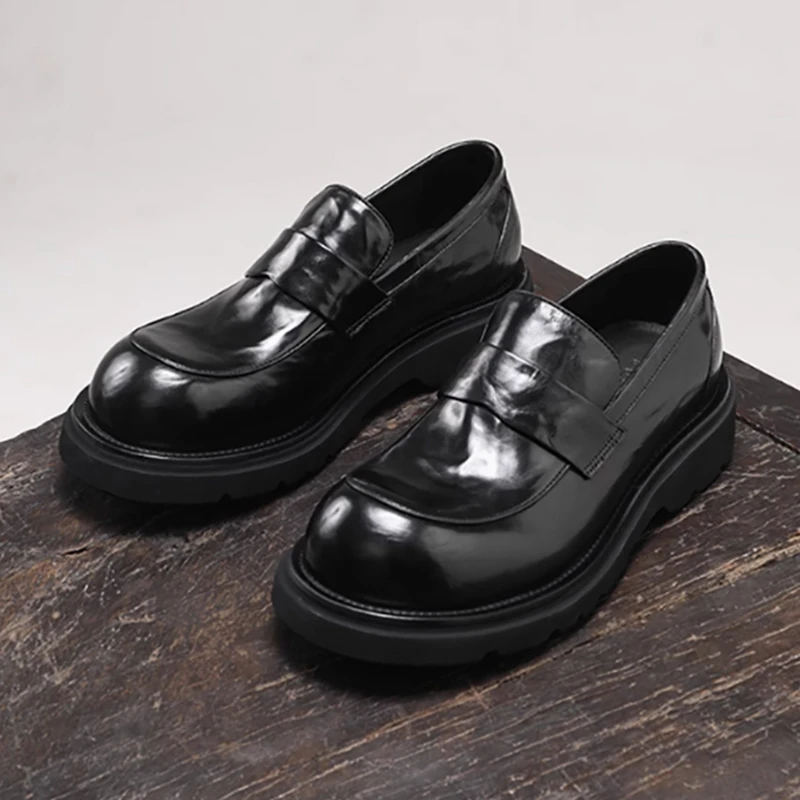 高端大气胎牛皮手抓纹厚底增高乐福鞋透气商务休闲皮鞋男潮鞋大头