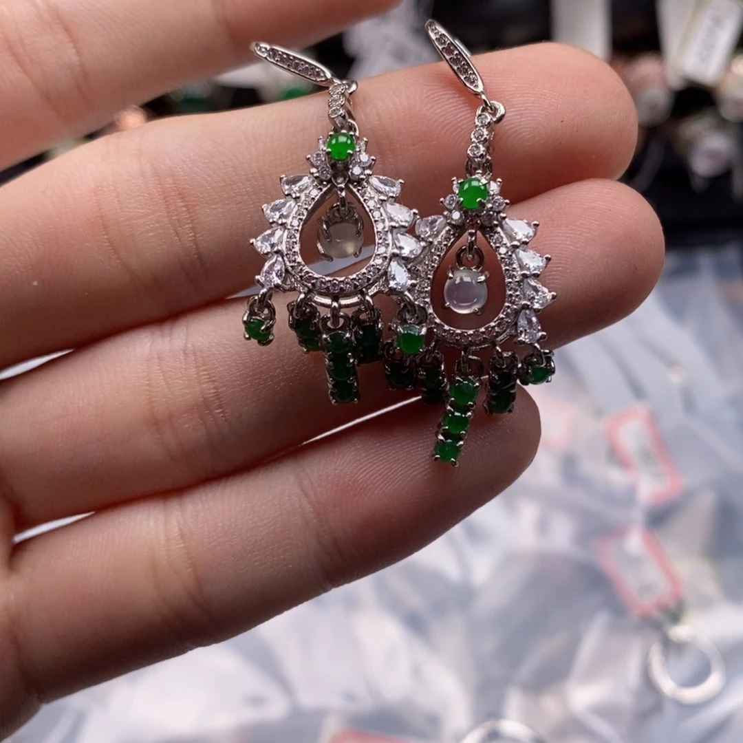 翡翠耳饰银S925镶嵌磨****贝天然缅甸翡翠a货