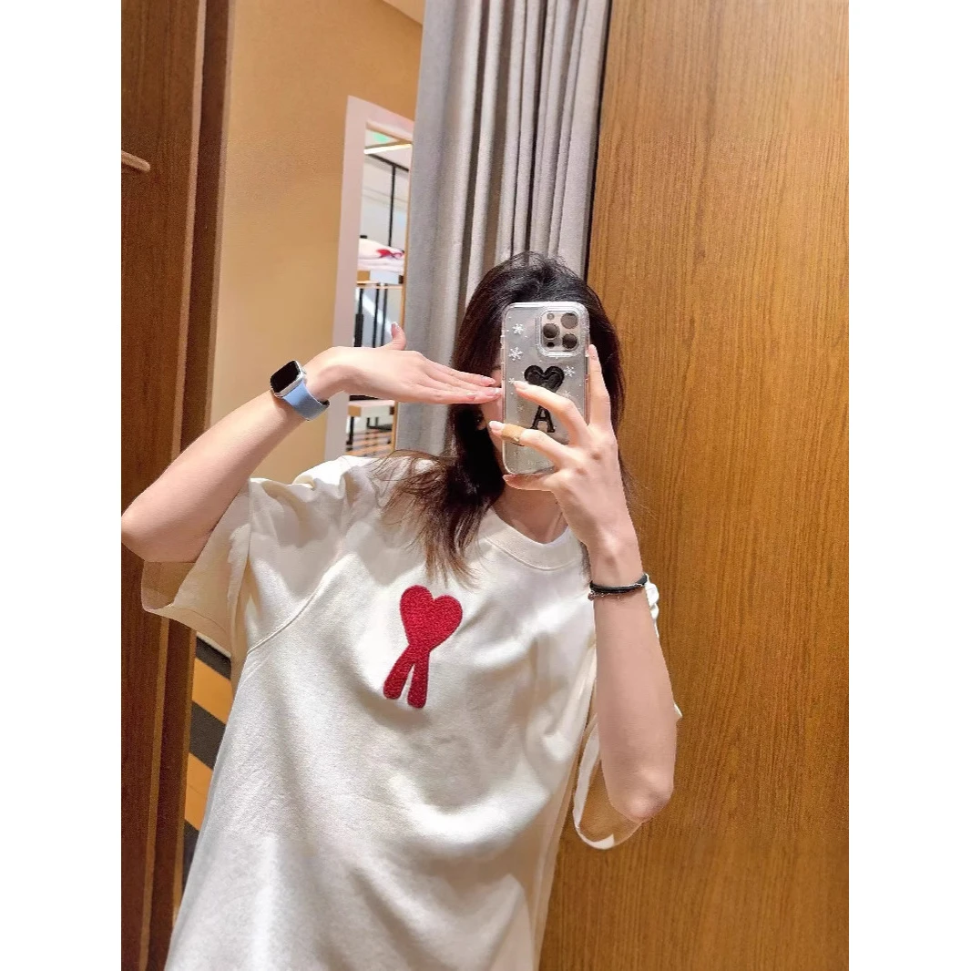 欧货洋气休闲装白色短袖T恤女韩版中长款爱心刺绣宽松大版上衣潮