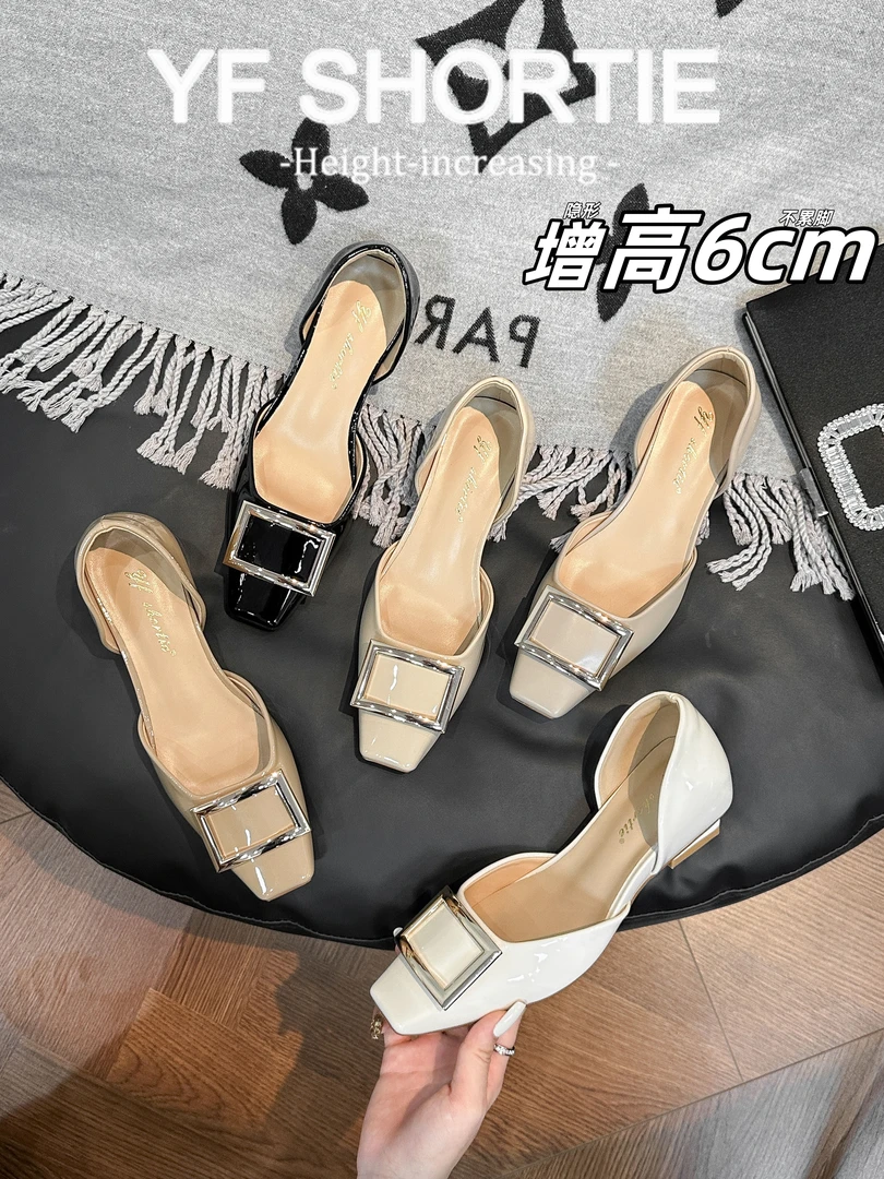啄木鸟增高6cm绝美内增高单鞋女2025漆皮方扣中空方头包头凉鞋夏