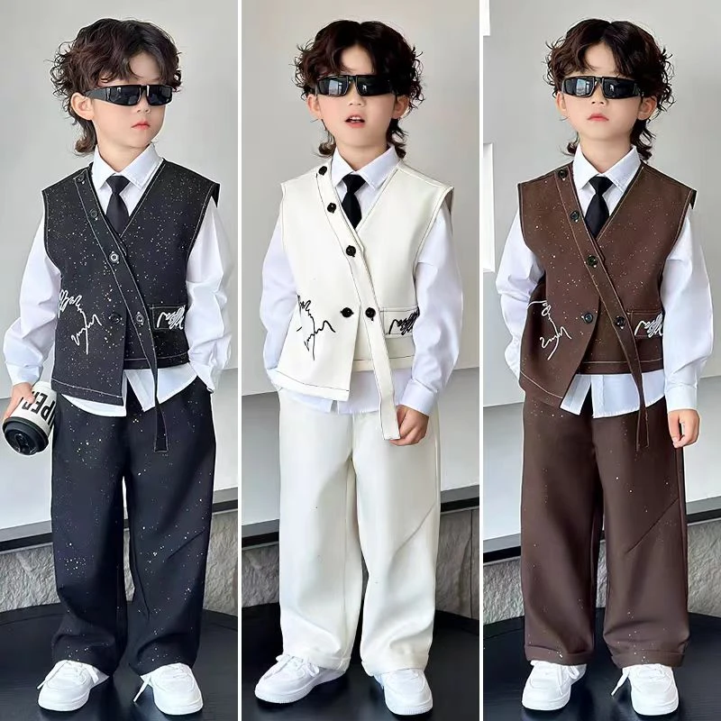 儿童马甲西装套装男童时尚休闲走秀小礼服男孩秋季亮闪闪西服帅气