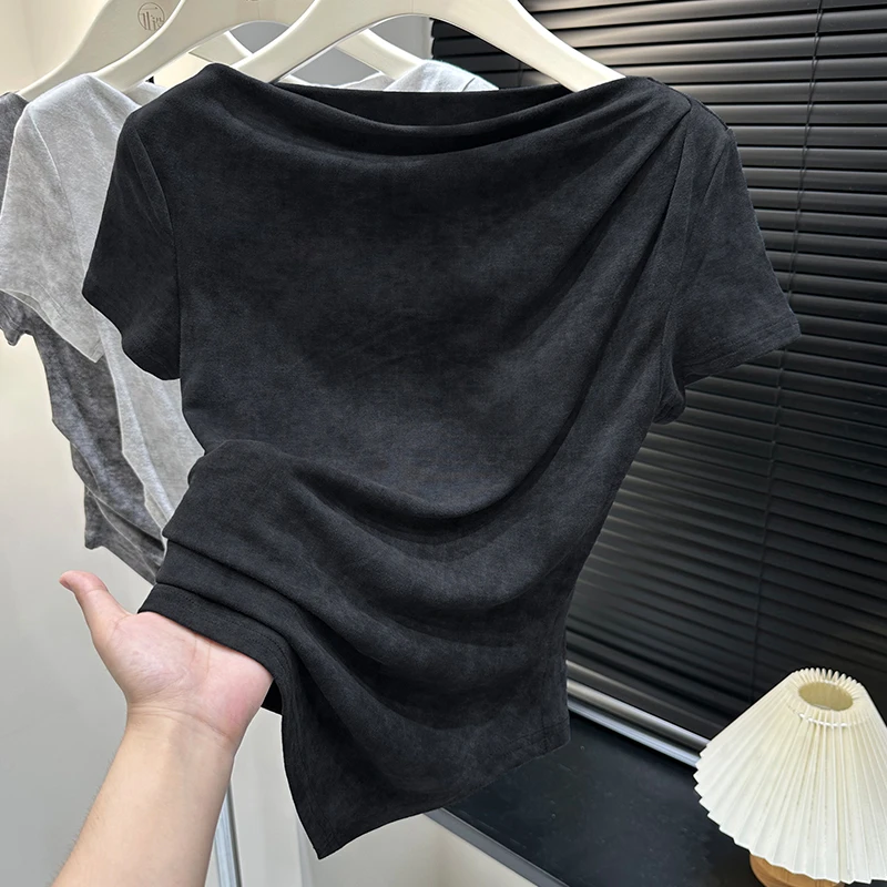 纯欲黑色一字领露肩打底衫夏季爆款扎染设计短袖上衣女外穿薄T恤