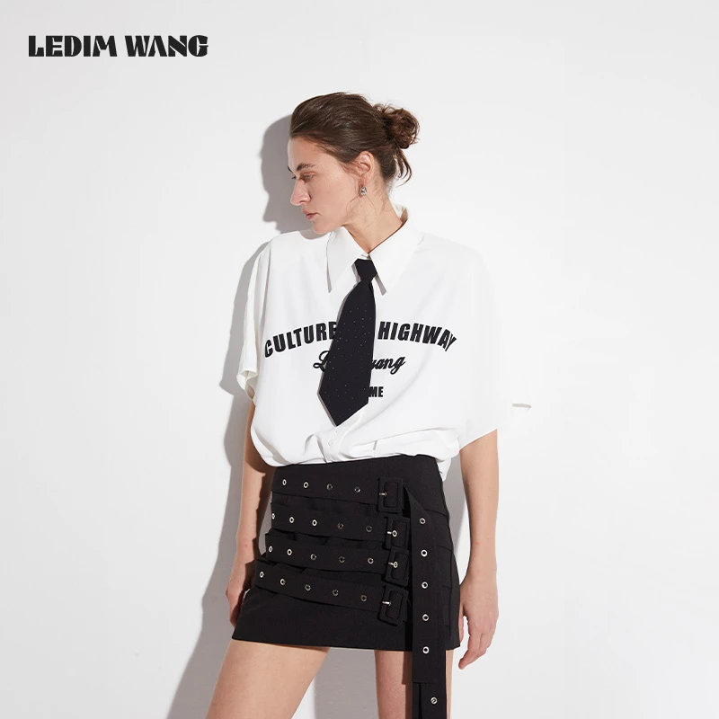 LEDIM WANG【郝蕾.刘恋同款】蝙蝠袖印花衬衫女夏2025新款领带衬衣